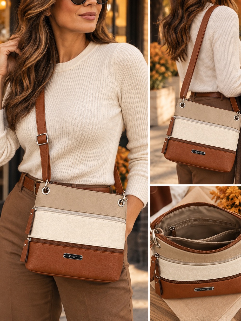 92.Rosetti Tan, Cream & Beige Colorblock Crossbody Bag